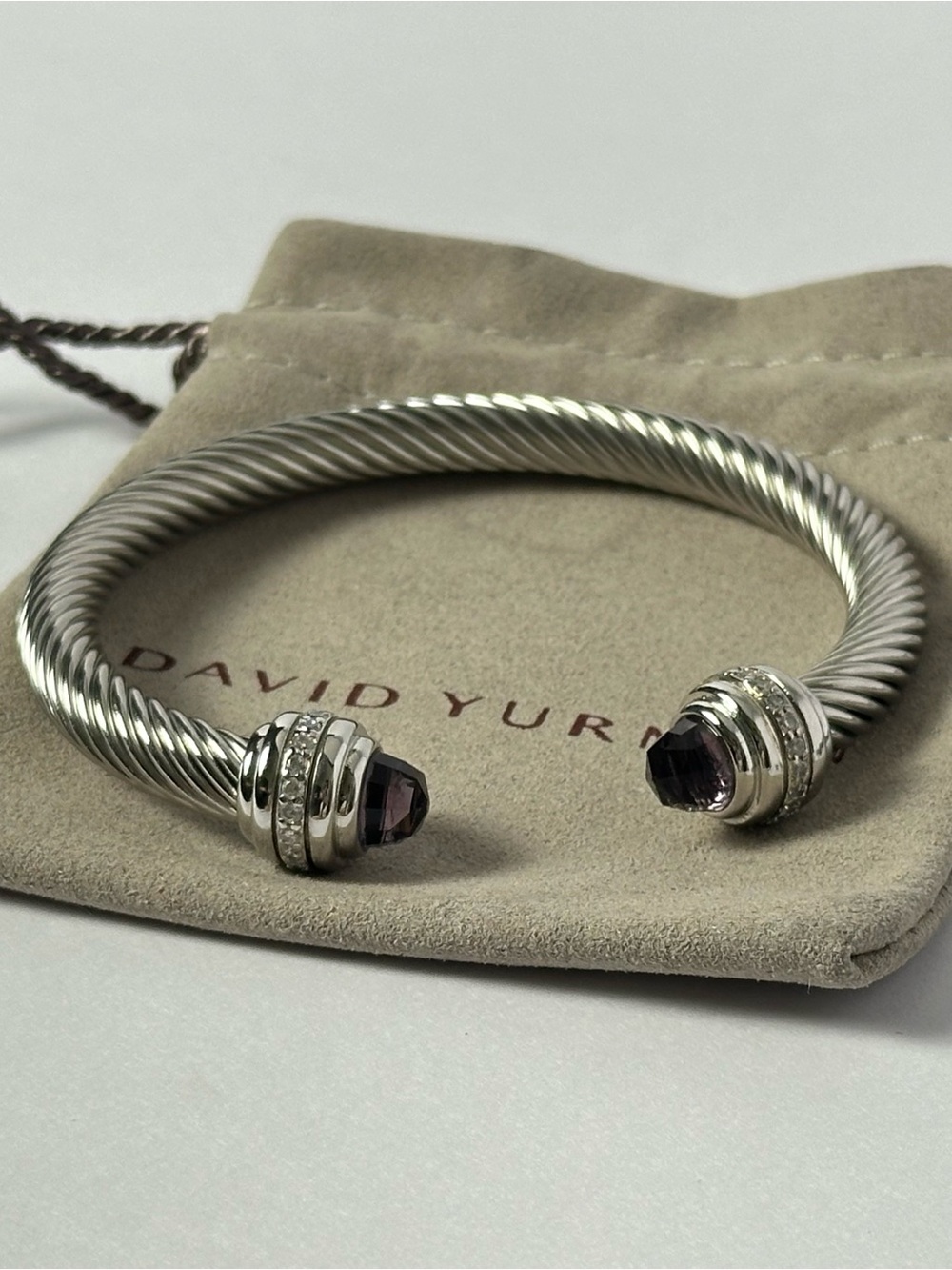 David Yurman 7mm Cable Cuff Purple Amethyst and Pave Bracelet Size L - Picture 3 of 6